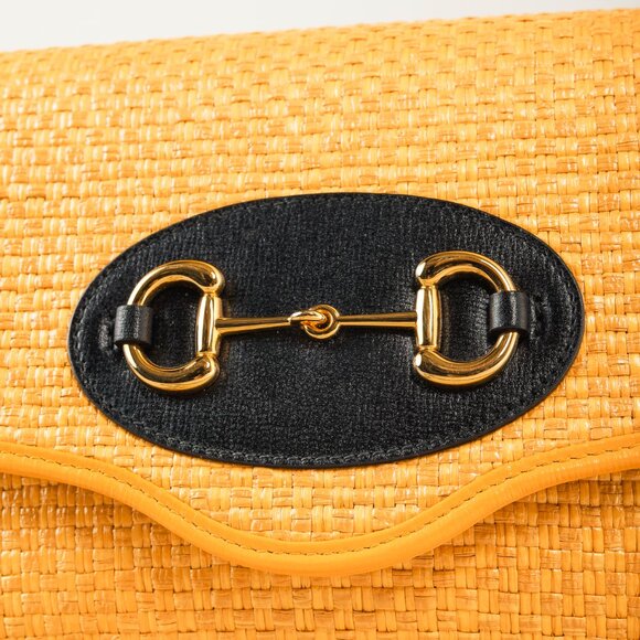 Gucci Horsebit 1955 Yellow Raffia Leather-Trimmed Shoulder Bag - Picture 8 of 13